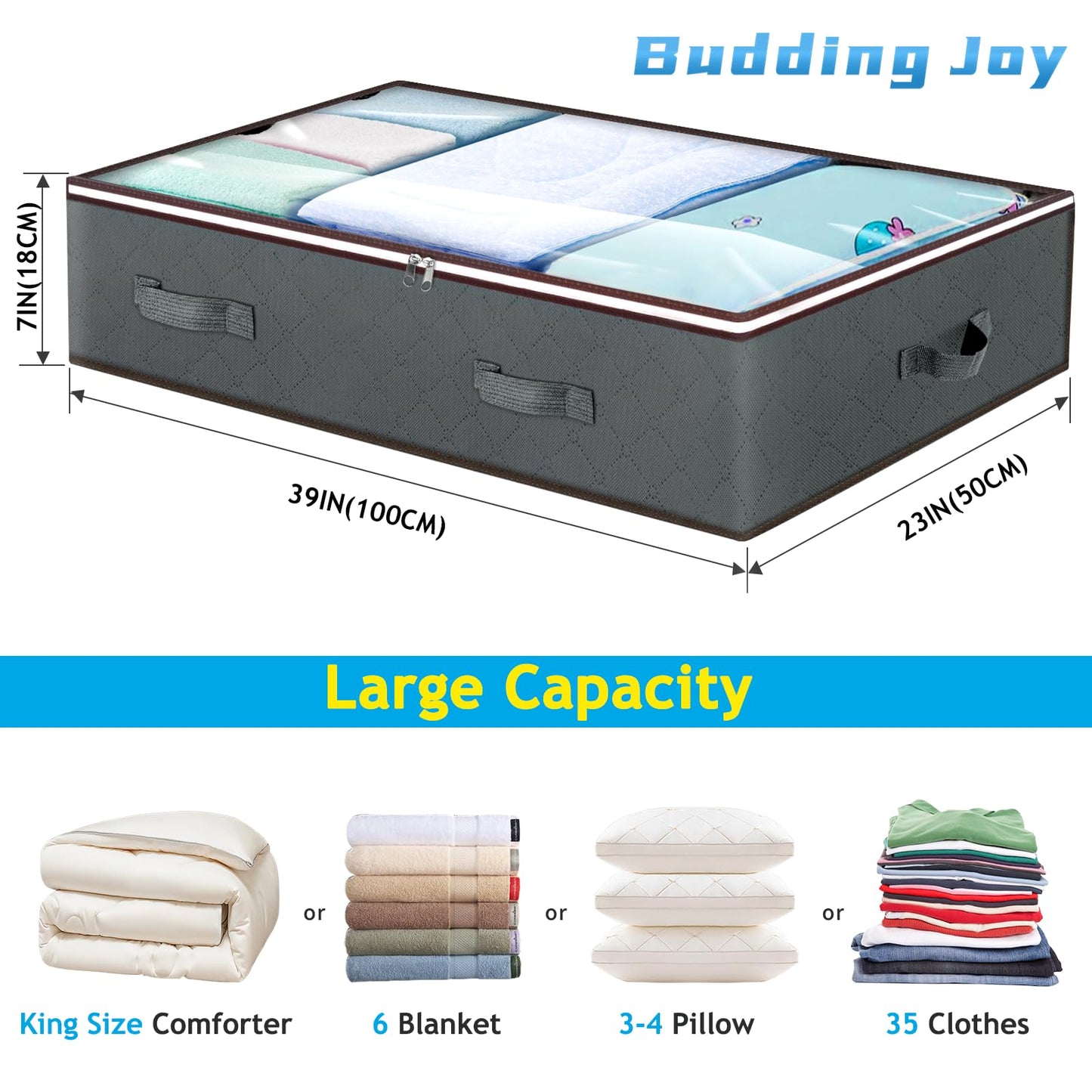 Budding Joy 90L Under Bed Storage Containers, Closet Organizers and Storage Bins, Collapsible Underbed Storage Bags for Blankets, Towels, Comforter, Sweaters, Linen Sheets, Wrapping Paper