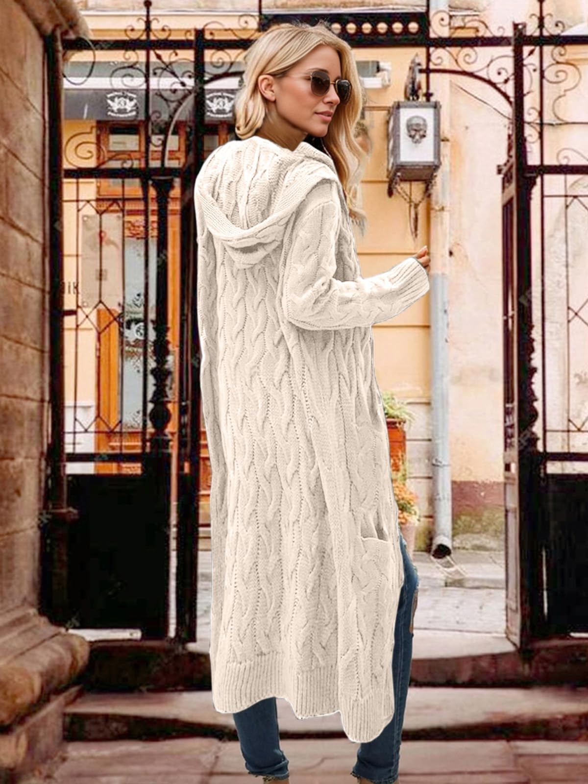 Fall Cardigan Sweaters for Women Fashion 2025 Open Front Hooded Cable Oversized Long Trendy Warm Winter Coats Outfits Beige