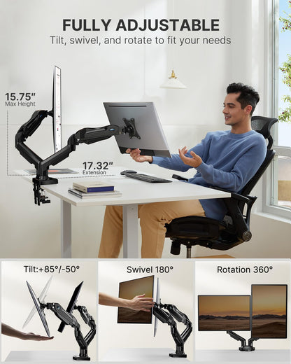 HUANUO Dual Monitor Stand - Full Adjustable Monitor Desk Mount Swivel Vesa Bracket with C Clamp, Grommet Mounting Base for 13 to 30 Inch Computer Screens - Each Arm Holds 4.4 to 19.8lbs