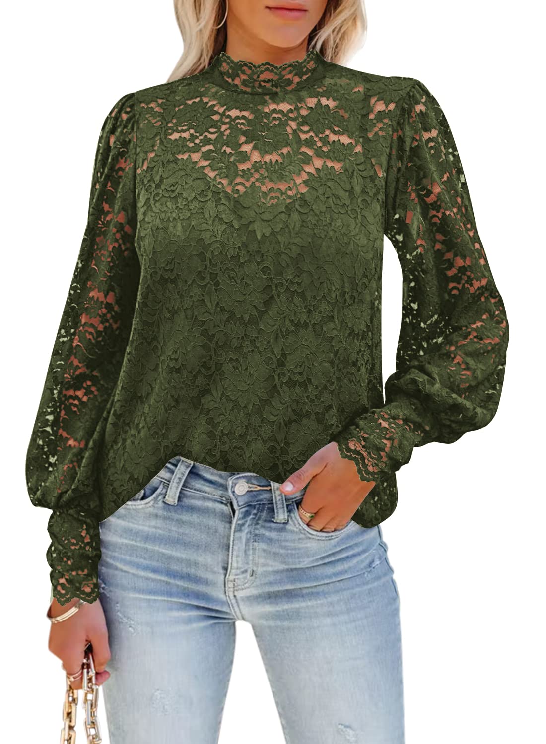 DOROSE Long Sleeve Shirts for Women Dressy Casual Lace Top Dark Green Christmas S