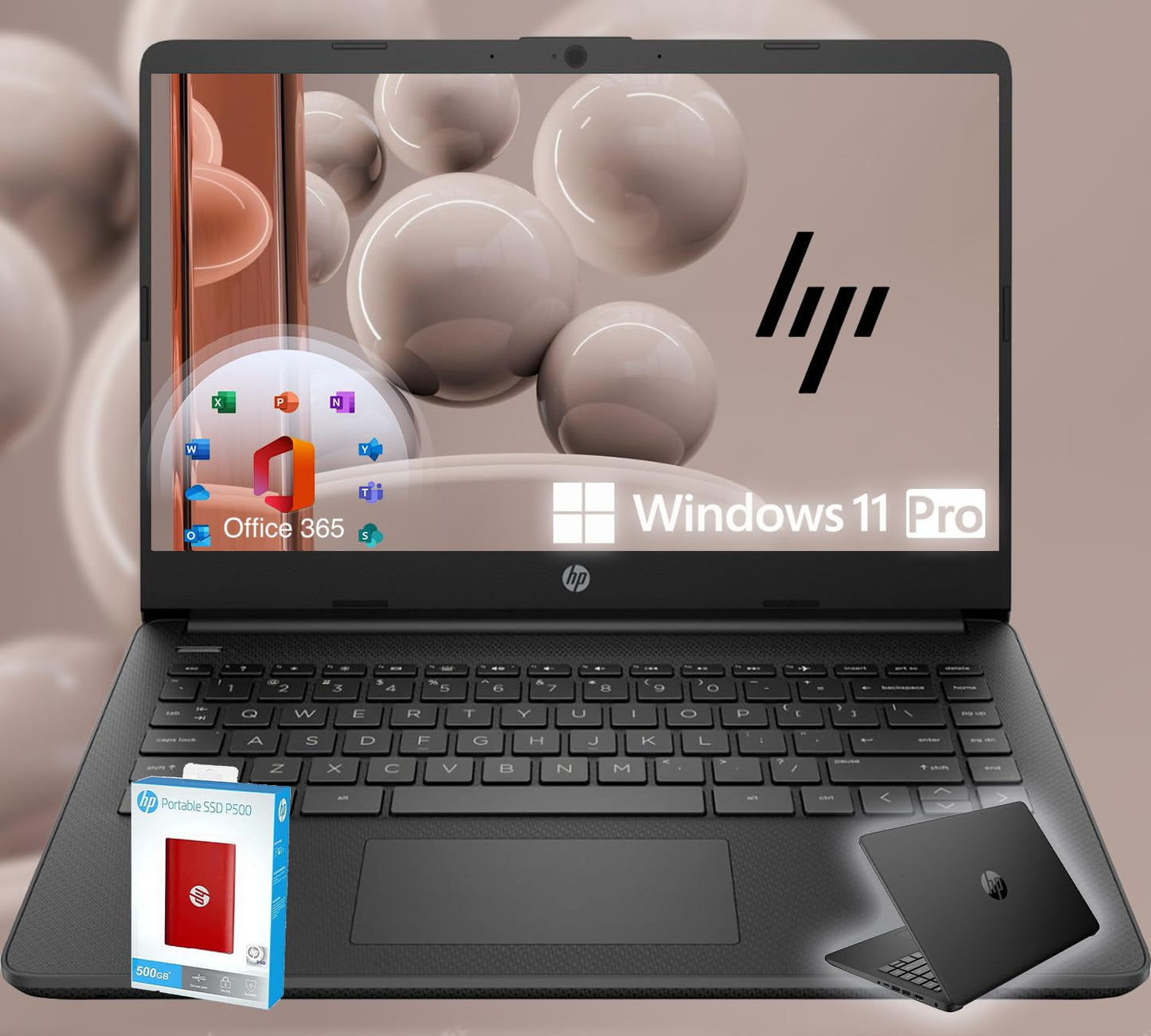 HP 14 Ultrabook • Intel 4-Core CPU • Back to School Limited Edition with Microsoft 365 • 32GB RAM • 1.6TB Storage (128GB OnBoard withHP 512GB P500 Portable SSD + 1TB OneDrive) • Win 11 Pro • Black