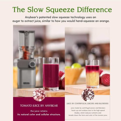 Cold Press Juicer, Anybear 200W Slow Masticating Juicer 4.3" Large Feed Chute Fit Whole Fruits Vegetables | Heavy-Duty Auger | Tritan Material | BPA Free | Juice Recipes (Silver)