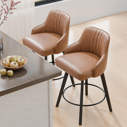 VINGLI 26" H Swivel Barstools Set of 4, PU Leather Upholstered Counter Stool with Back, Kitchen High Chairs Counter Height Bar stools with Cushion, Solid Wood Legs, Brown