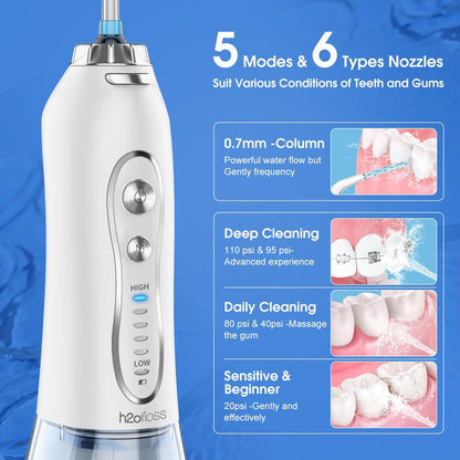 H2ofloss Water Dental Flosser Portable Dental Oral Irrigator with 5 Modes, 6 Replaceable Jet Tips, Rechargeable IPX7 Waterproof Teeth Cleaner for Home and Travel -300ml Detachable Reservoir (HF-6)