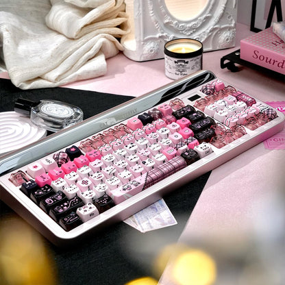 TYRIXKI 26 Keys Crystal Jelly Personalized Keycaps, PC Material Cute Black Pink Cat Transparent Custom Keycaps, Mao Profile Keycap for DIY MX Swithes Mechanical Keyboards