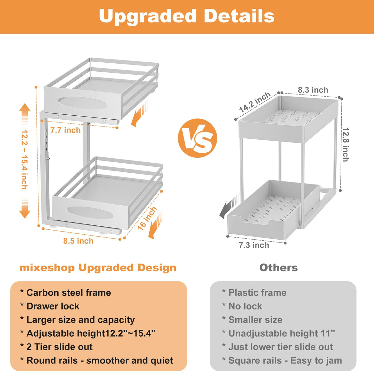 mixeshop Under Sink Organizer, Pull Out Cabinet Organizers, Slide Sink Steel Shelf Cabinet Storage Shelves, Under Sink Storage for Kitchen Bathroom Cabinet (White, 2 Pack)