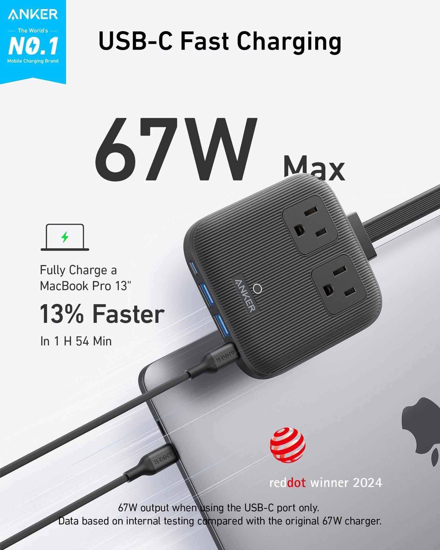 Anker Nano Charging Station(67W Max), 6-in-1 USB-C Power Strip for iPhone 16/15 and MacBook, with Flat Plug and 5ft Thin Undetachable Extension Cord,2 AC,2 USB-A,2 USB-C, for Home&Office