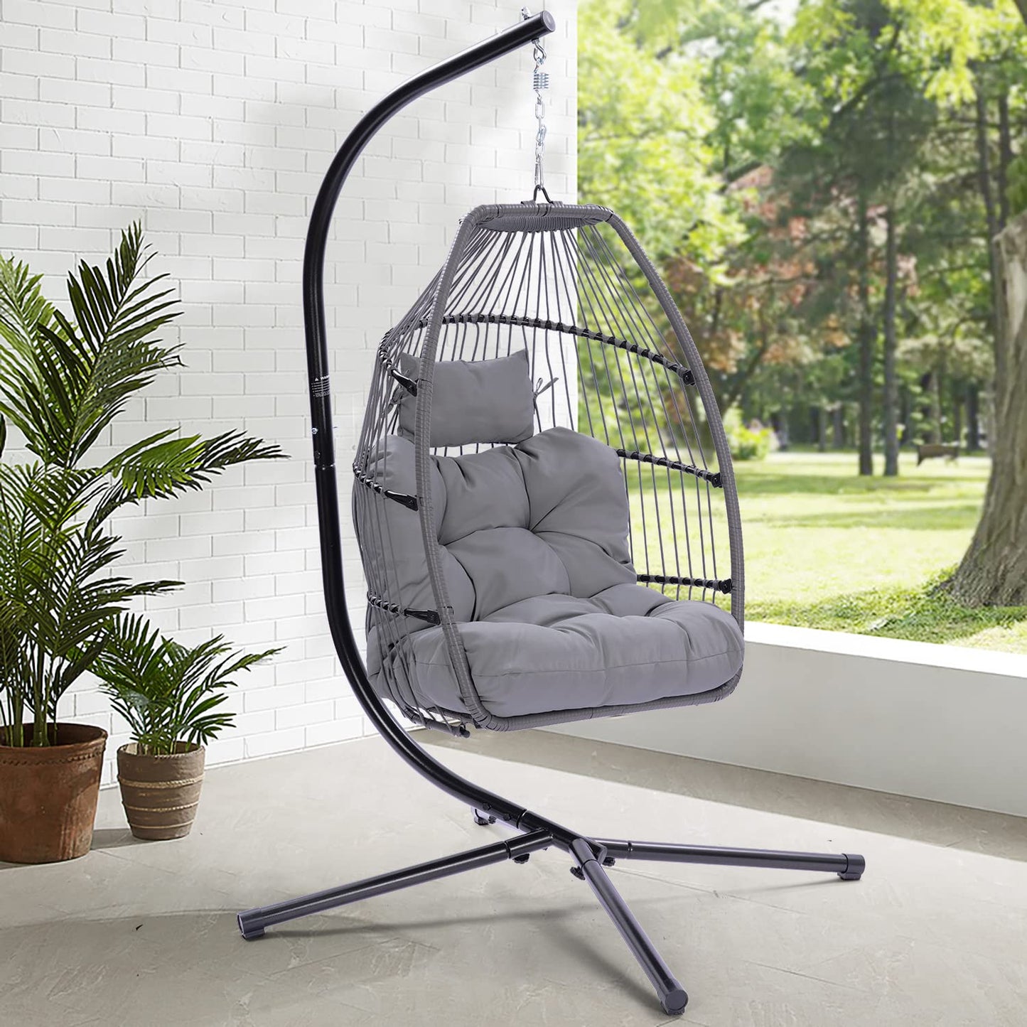 Unovivy Egg Chair with Stand, Hanging Egg Chair Indoor Outdoor with UV Resistant Cushion and Pillow, Patio Wicker Folding Hanging Chair for Bedroom, Garden, Backyard, Balcony, Gray