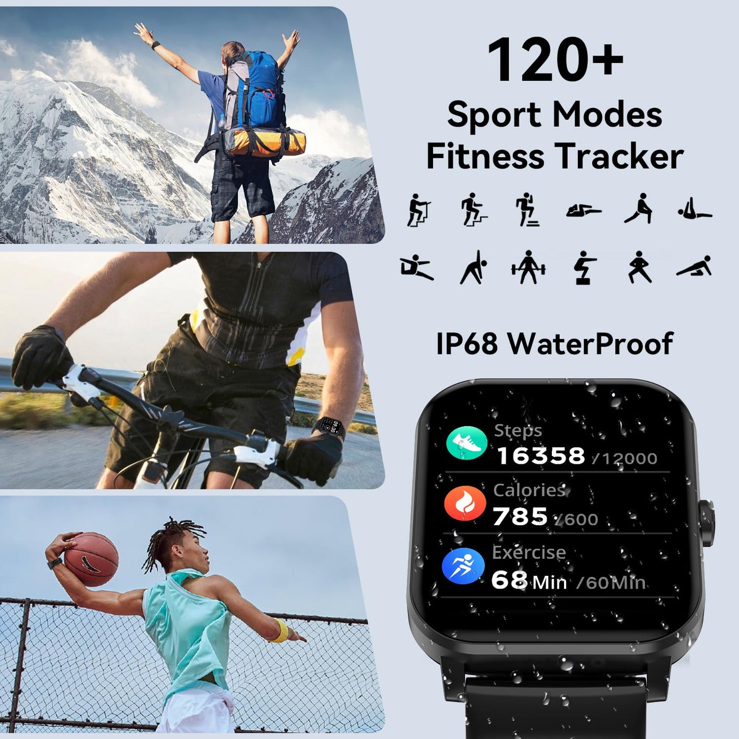 Smart Watch, 1.85" Smartwatch for Men Women (Answer/Make Call), Heart Rate, Sleep Monitor, Pedometer, 120+ Sport Modes Activity Tracker, IP68 Waterproof Fitness Watch for Android iOS (Black)