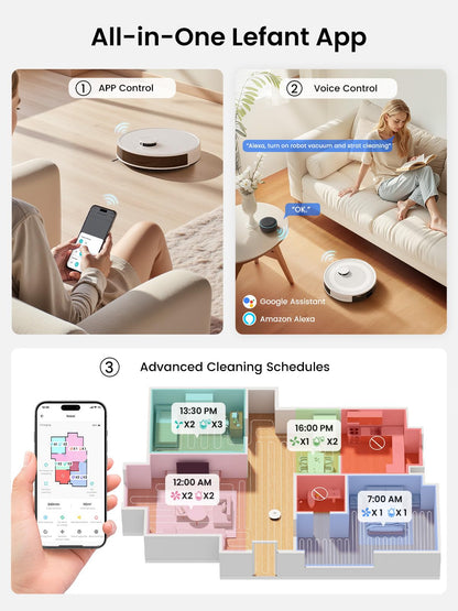 Lefent M2 Plus Robot Vacuum and Mop Combo,190° PSD Obstacle Avoidance,LIDAR Navigation,40-Day Capacity,Powerful Suction,Perfect for Pet Hair,140 Min Runtime, WiFi/App/Alexa
