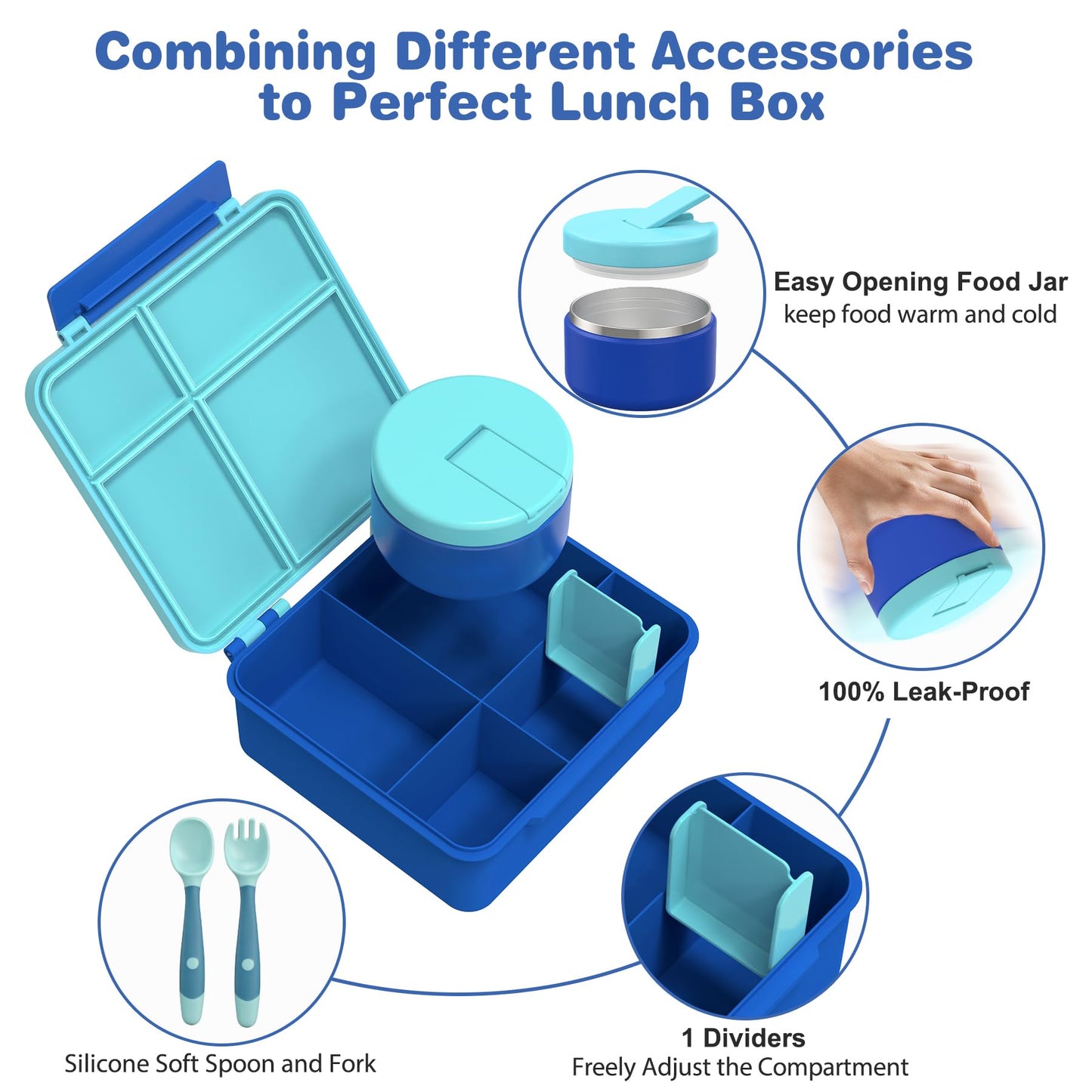 Pawtong Bento Lunch Box with 8oz Soup Thermo, Kids Leakproof Lunch Food Containers with 4 Compartment, Kids Thermo Insulated Hot Food Jar for School, Trvael（Blue