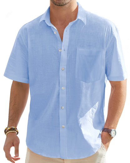 J.VER Men's Short Sleeve Linen Cotton Shirts Casual Button Down Shirt Summer Beach Tops with Pocket Light Blue X-Large