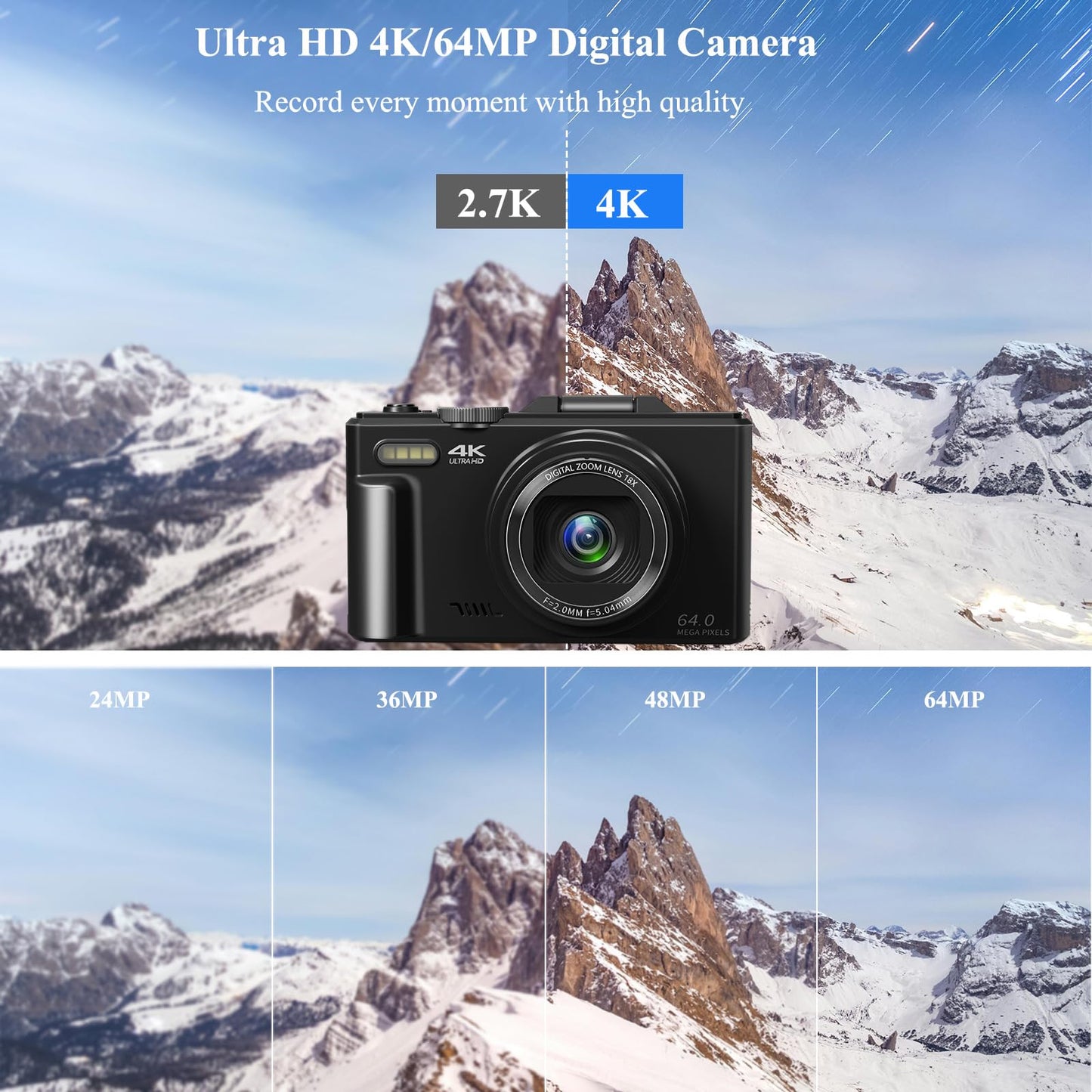 Digital Camera for Photography, WiFi 64MP 4K Vlogging Camera for YouTube, 3" 180° Flip Screen 18X Digital Zoom Compact Vlog Travel Cameras with 32GB TF Card & 2 Batteries, Black