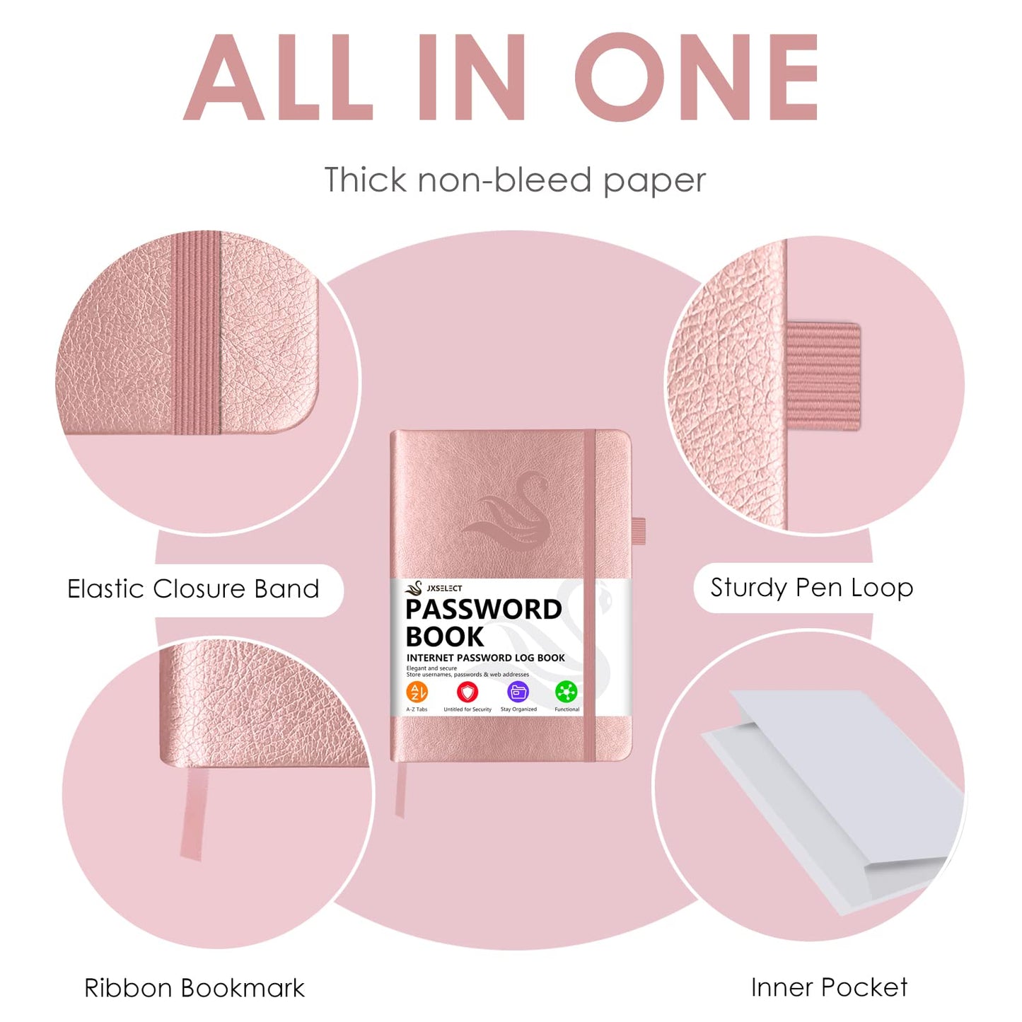 Elegant Password Book with Alphabetical Tabs - Hardcover Password Book for Internet Website Address Login - 5.2" x 7.6" Password Keeper and Organizer w/Notes Section & Back Pocket (Rose Gold)