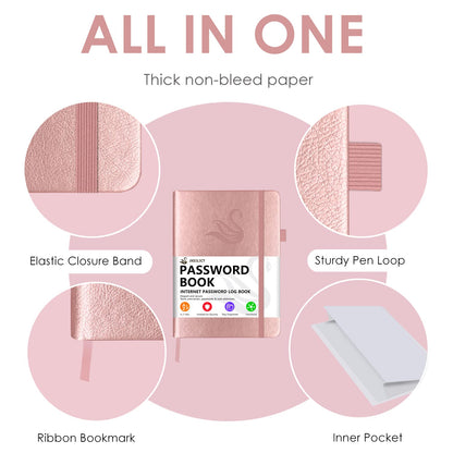 Elegant Password Book with Alphabetical Tabs - Hardcover Password Book for Internet Website Address Login - 5.2" x 7.6" Password Keeper and Organizer w/Notes Section & Back Pocket (Rose Gold)