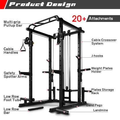 RitFit Multi-Function Garage & Home Gym Package Includes 1000LBS Power Cage PPC03 with Cable Crossover System, Weight Bench, Olympic Barbell Weight Set, Full Body Workout-BLK,Bumper Plate 230lbs