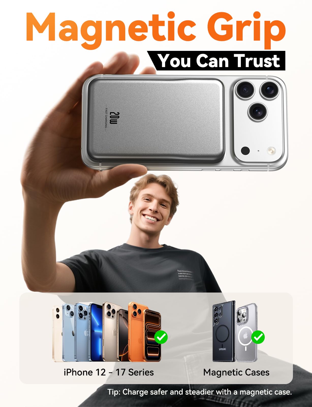 Magnetic Portable Charger, 10000mAh Power Bank, 20W Fast Charging for Magsafe Battery Pack, Travel Essential Wireless Charger Compatible with iPhone 17/16/15/14/13/12 Pro/Max/Air/Plus Series, Samsung