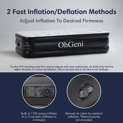 OhGeni Air Mattress Queen with Built-in Pump for Guest, 18" Tall Colchon Inflable Camping Blow Up Air Bed with Carrying Bag, Quick Inflation/Deflation Airbed, Foldable & Portable Air Mattress, Black