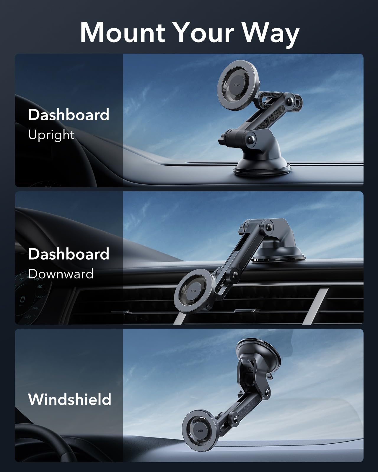 ESR Dashboard Magnetic Phone Holder for Car, for MagSafe Car Mount, Windshield Vacuum Car Mount for iPhone 16/16e/15/14/13/12, Samsung, Car Accessories, Charging Not Supported,2 Metal Rings Included