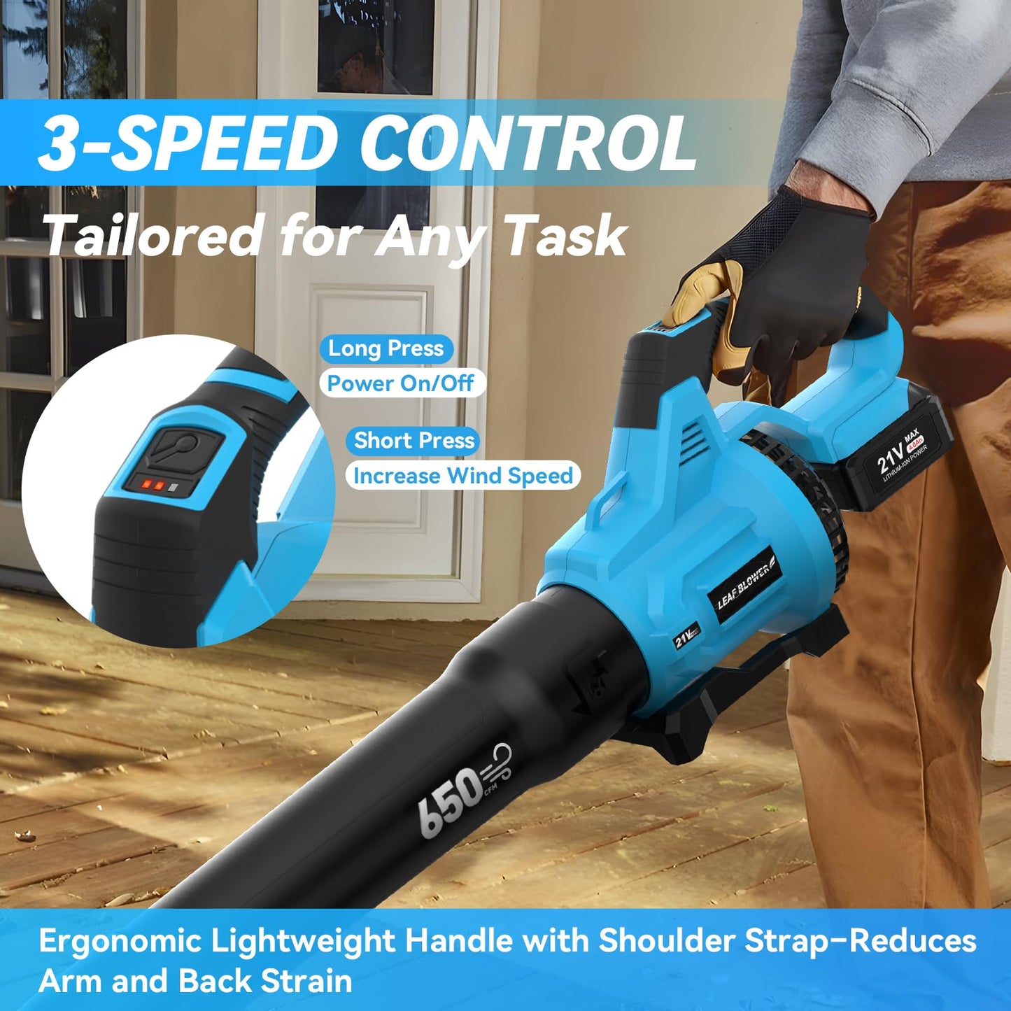 Leaf Blower Cordless,650 CFM & 160 MPH Electric Cordless Leaf Blower with 2 * 4.0Ah Batteries & Noise-Reduction Ear Muffs,3 Speed Powerful Blowing Ideal for Lawn Care, Blowing Leaves, Dust, Snow