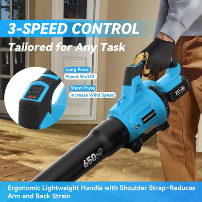 Leaf Blower Cordless,650 CFM & 160 MPH Electric Cordless Leaf Blower with 2 * 4.0Ah Batteries & Noise-Reduction Ear Muffs,3 Speed Powerful Blowing Ideal for Lawn Care, Blowing Leaves, Dust, Snow