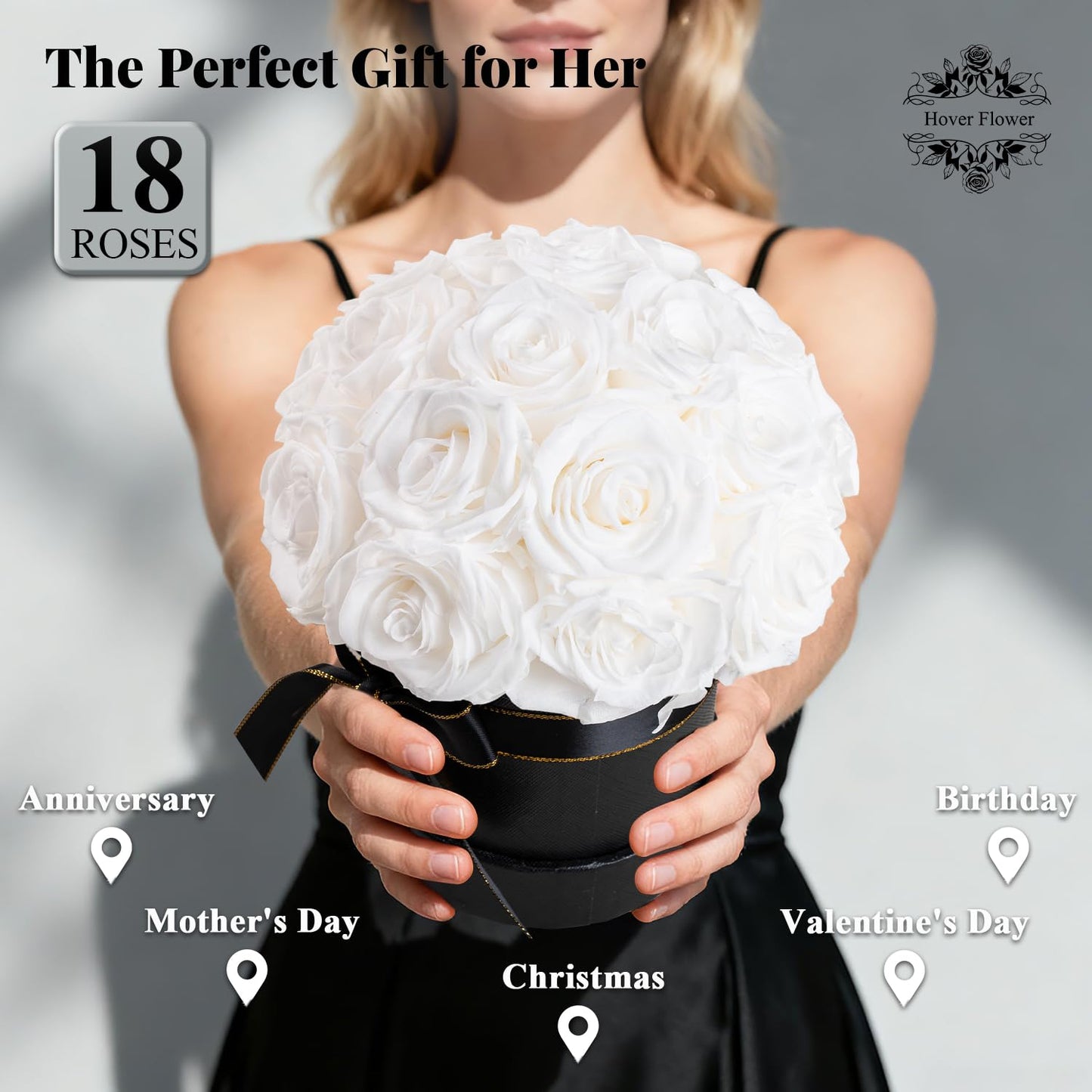 Hover Flower 18 Preserved Flowers for Delivery Prime, Roses Dome Forever Flower Decor for Party Home Table Bedroom, Anniversary, Birthday, Wedding Gifts for Women Her (White)