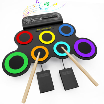 VerkTop Electric Drum Set Built-in Speaker, Kids Electronic Drum Practice Pad Kit, Portable Roll Up Drum Machine with 2 Foot Pedals, Drumsticks, Great Birthday Christmas Gifts for Girls Boys
