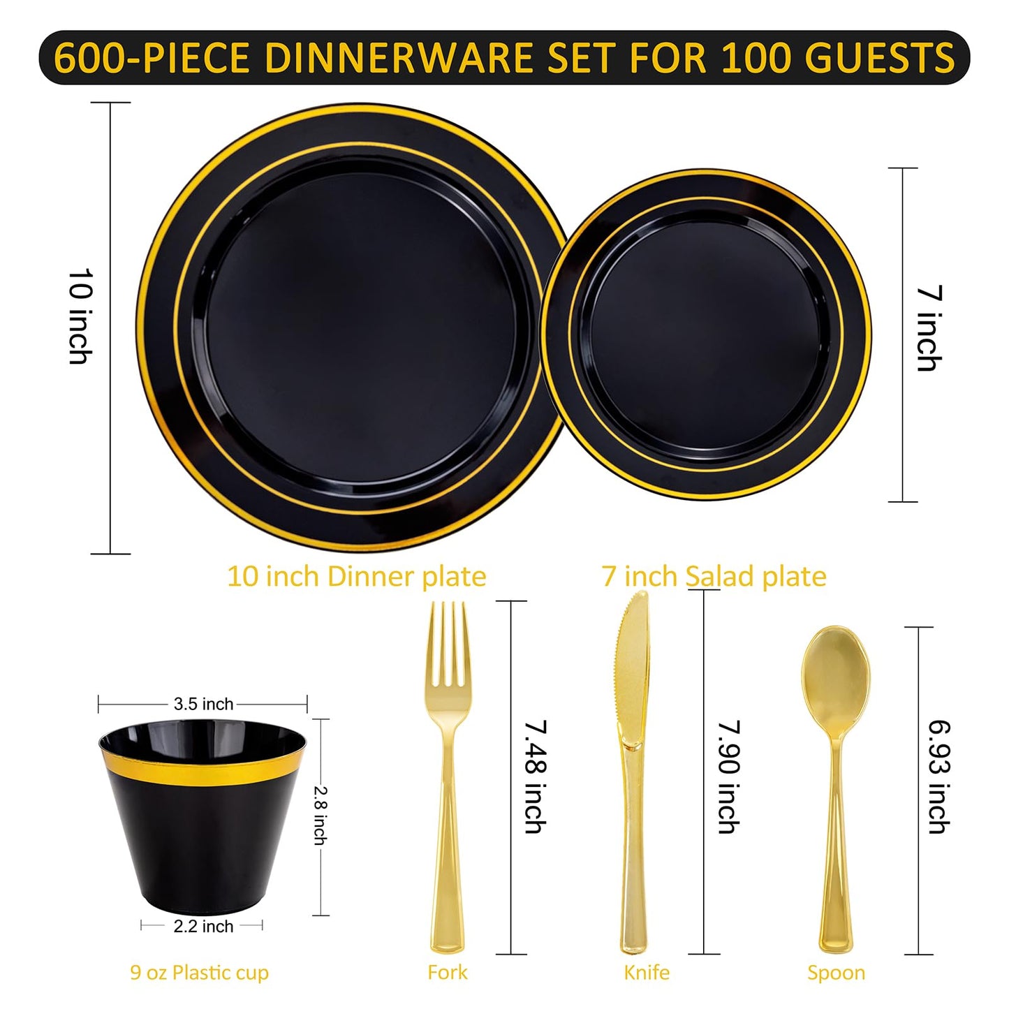 WELLIFE 600 PCS Black and Gold Disposable Dinnerware Set for 100 Guests, Gold rimmed Plastic Dinner Plates,Salad Plates,Cups,Silverware Set for New Year Party Supplies