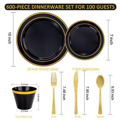 WELLIFE 600 PCS Black and Gold Disposable Dinnerware Set for 100 Guests, Gold rimmed Plastic Dinner Plates,Salad Plates,Cups,Silverware Set for New Year Party Supplies