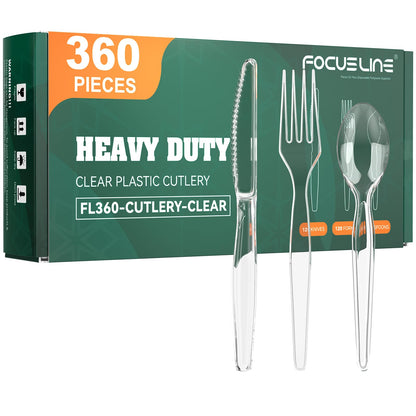 FOCUSLINE 360 Count Clear Plastic Silverware, 120 Forks, Knives and Spoons Each, BPA-Free, Heavy Duty Disposable Cutlery Set, Premium Disposable Flatware Plastic Utensils for Party Everyday Use