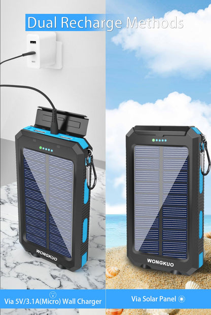 WONGKUO Solar Charger Power Bank - 𝟮𝟬𝟮𝟰 𝙐𝙥𝙜𝙧𝙖𝙙𝙚 36800mAh Solar Phone Charger, QC3.0 Fast Charger with LED Flashlight, IP65 Waterproof Portable Power Bank for Outdoor Activities