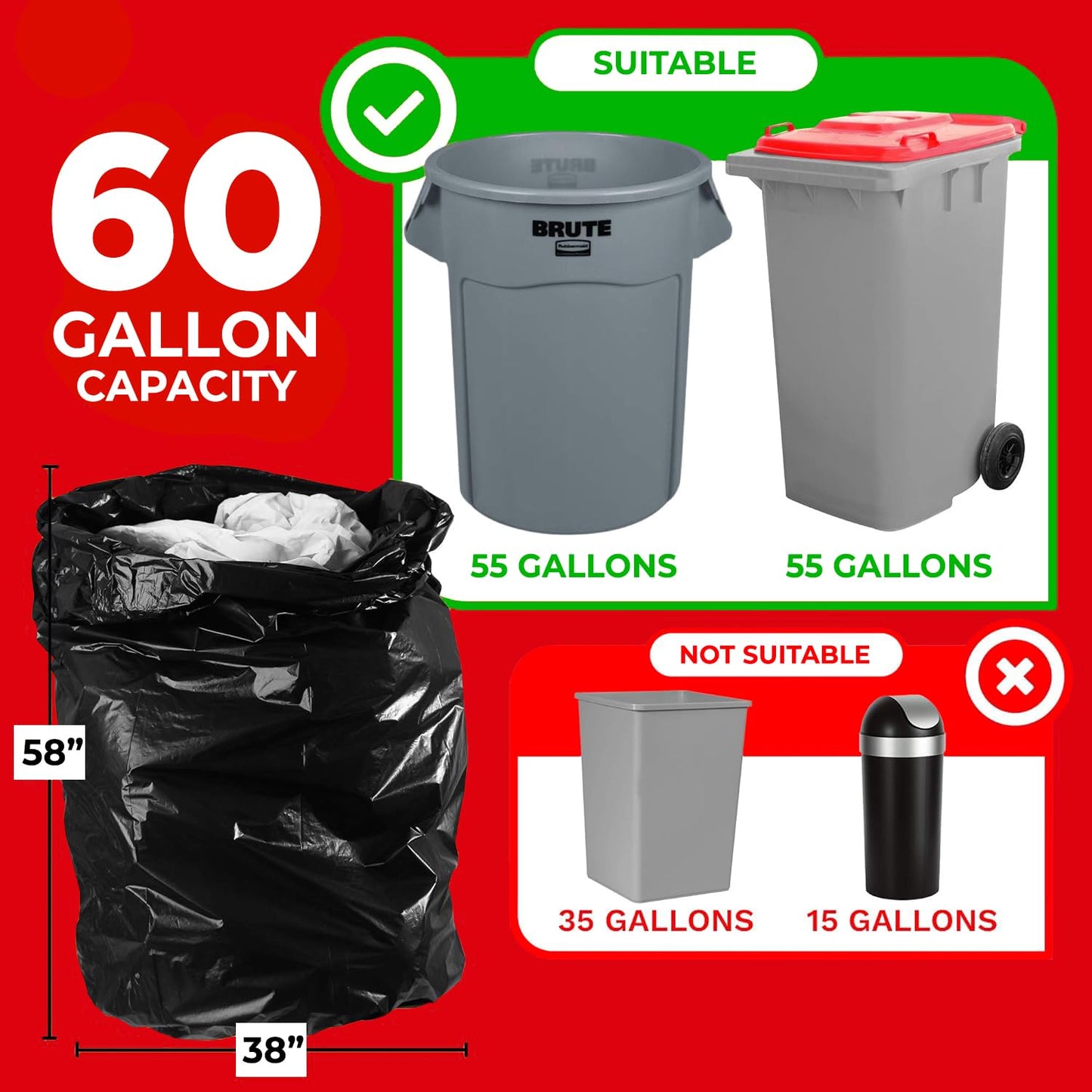 ToughBag 55-60 Gallon Heavy Duty Trash Bags - 150 Count, Large Black Garbage Bags - Made in USA
