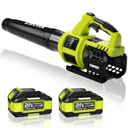 EWORK Cordless Leaf Blower 21V Electric Leaf Blower with (2) 3.0Ah Batteries and Fast Charger, Variable Speed, Turbo Mode, Battery Powered Handheld Leaf Blowers for Lawn Care and Clearance Yard Leaves