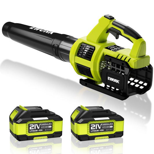 EWORK Cordless Leaf Blower 21V Electric Leaf Blower with (2) 3.0Ah Batteries and Fast Charger, Variable Speed, Turbo Mode, Battery Powered Handheld Leaf Blowers for Lawn Care and Clearance Yard Leaves