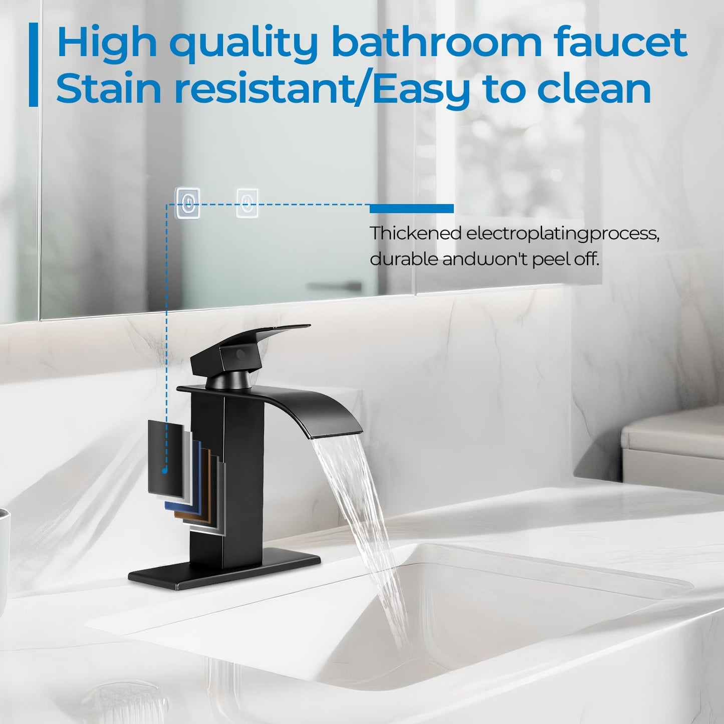 RNDIOZD Matte Black Bathroom Faucets, Waterfall Bathroom Sink Faucet Modern Single Handle Bathroom Faucte 1 or 3 Hole, RV Mixer Tap Vanity Faucet - Includes Pop-up Drain Supply Hoses Deck Plate