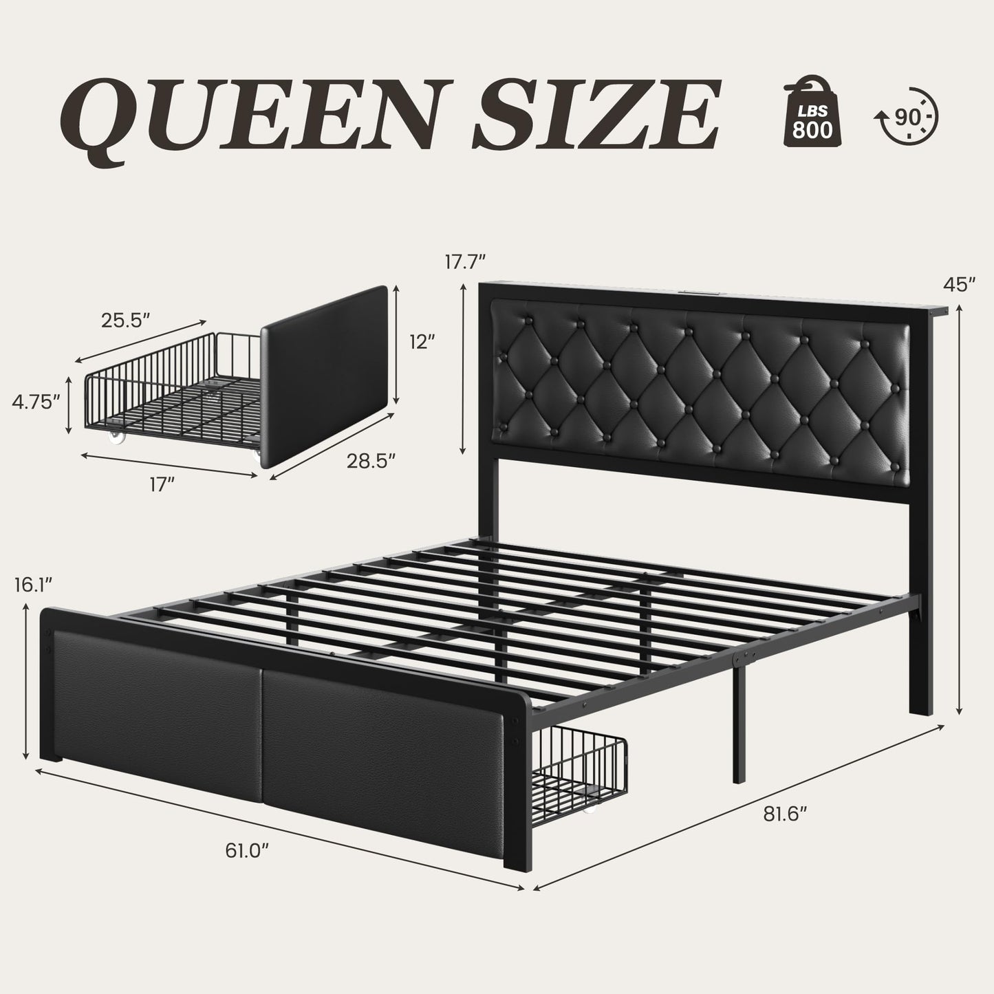 Fluest Queen Bed Frame with 2 Storage Drawers, Upholstered Headboard Button Tufted Bed Frame with Charging Station, No Box Spring Needed, Noise-Free, All Metal Structure, Black