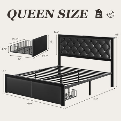Fluest Queen Bed Frame with 2 Storage Drawers, Upholstered Headboard Button Tufted Bed Frame with Charging Station, No Box Spring Needed, Noise-Free, All Metal Structure, Black