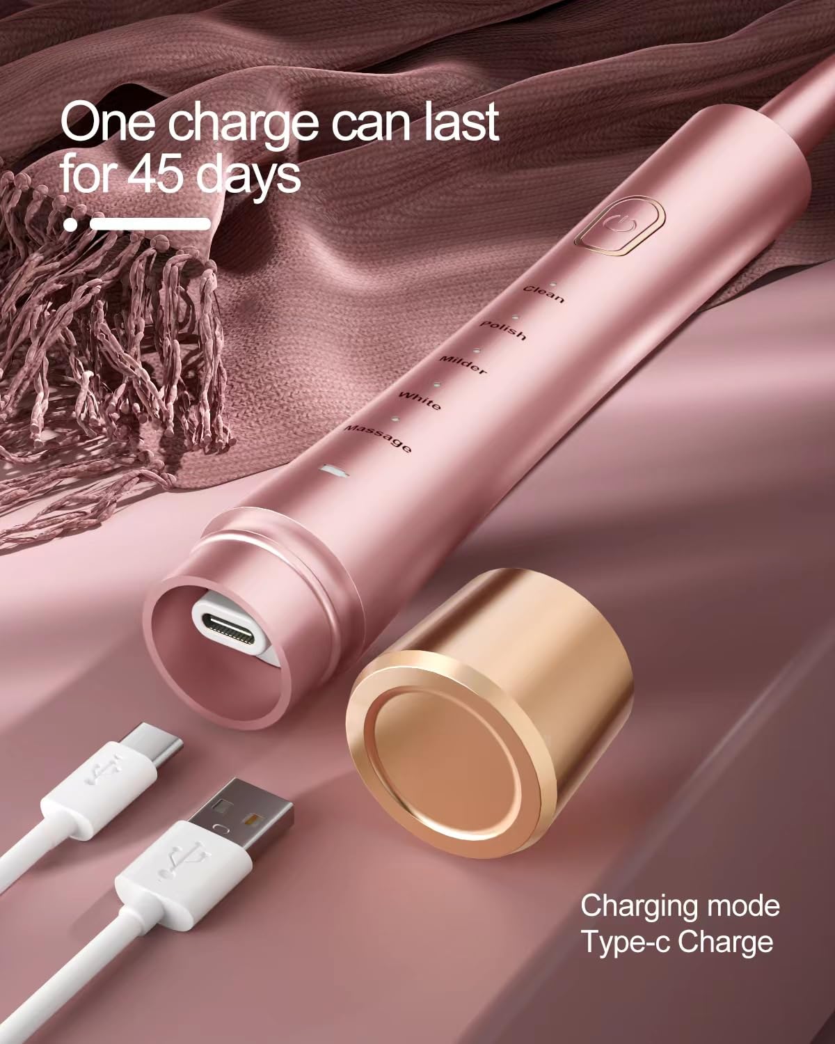 Sonic Electric Toothbrush for Adults, USB Rechargeable Sonic Toothbrush with 8 Brush Heads, Smart Timer, 5 Modes, 2-Hour Fast Charge Last 30 Days, Pink