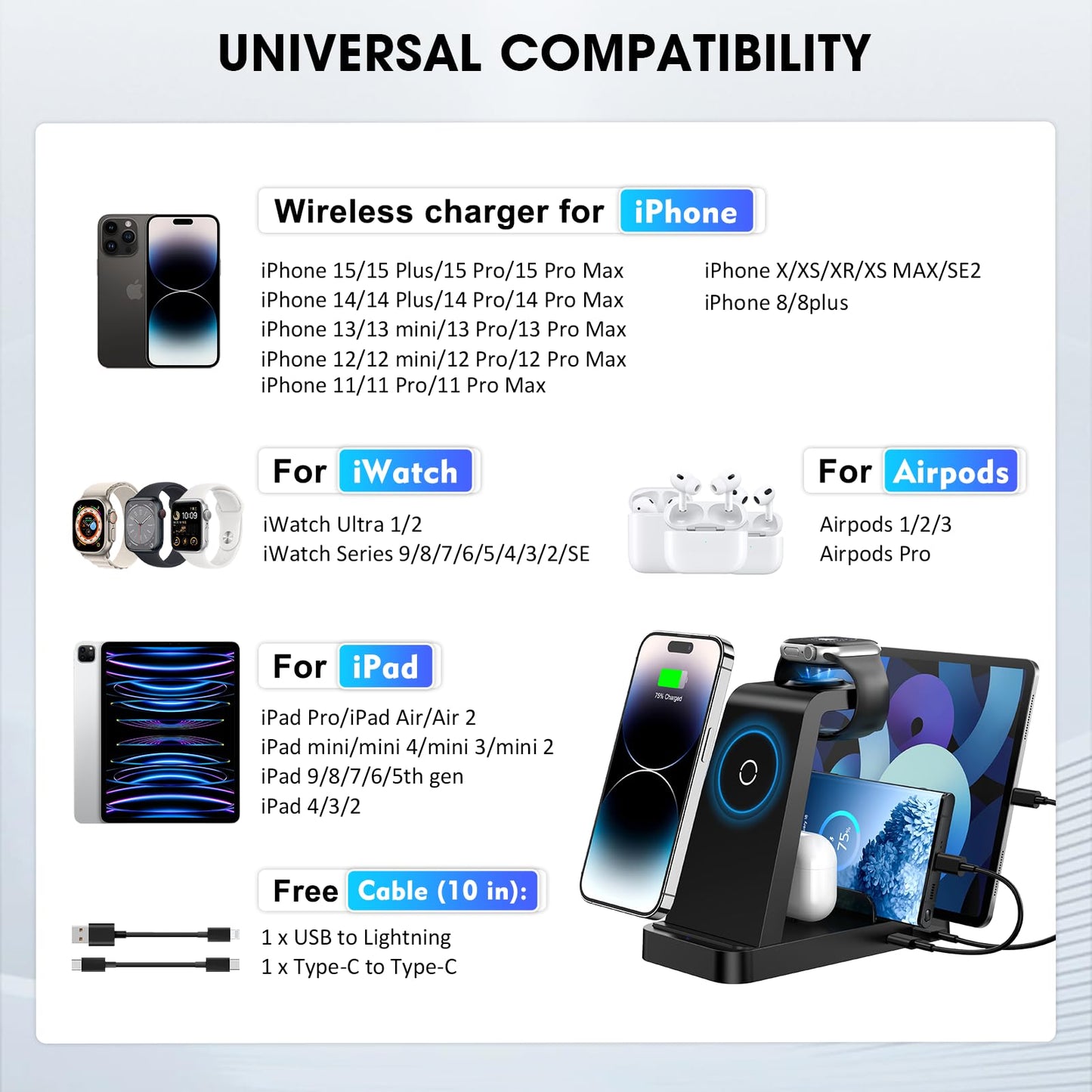 Wireless Charger for iPhone - 5 in 1 Charging Station for Multiple Devices Apple: Fast Wireless Charging Stand Dock for iPhone 15 14 13 12 Pro Max Apple Watch Airpods