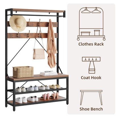 IDEALHOUSE Coat Rack Shoe Bench Industrial Hall Tree Storage Bench for Entryway, Wood Look Accent Large Shoe Rack with Storage Shelf Hanging Bar,8 Hooks Rustic Brown 39.9"x15.7"x72"