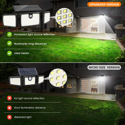 Solar Lights Outdoor, Quick Charge 3 Head Solar Motion Lights Outdoor with 2500LM 232 LEDs High Brightness, Larger Built-in Tempered Glass Solar Panel, Sensitive PIR Motion Inductor (2-Pack)