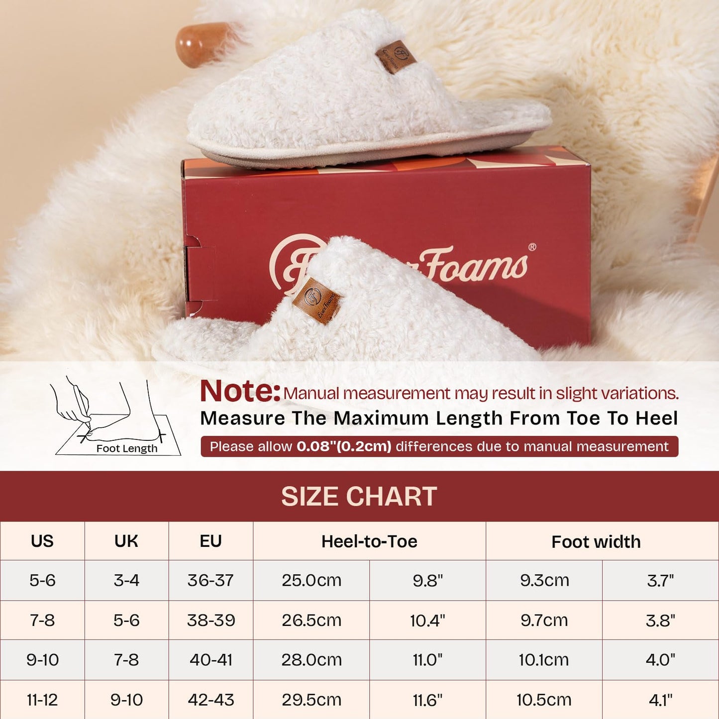 EverFoams Women's Fuzzy Slip-on Slippers Warm Cozy Soft Lightweight Memory Foam Indoor House Shoes Cream White, 7-8 US