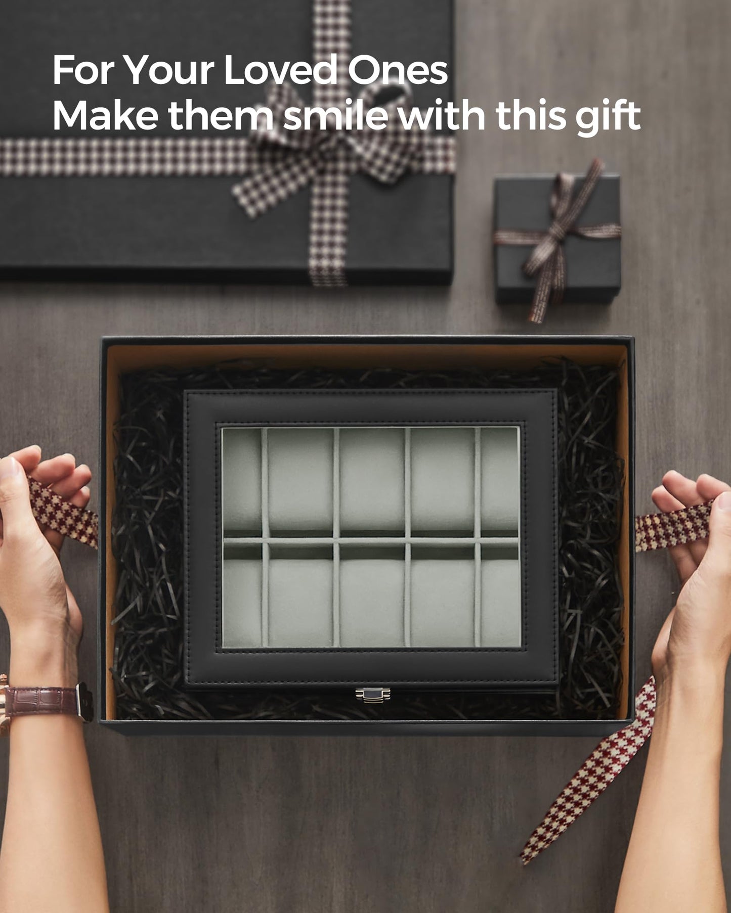 SONGMICS Watch Box, 10-Slot Watch Case with Large Glass Lid, Removable Watch Pillows, Watch Box Organizer, Gift for Loved Ones, Black Synthetic Leather, Gray Lining UJWB010BK