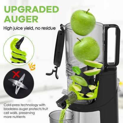 Masticating Juicer, 350W Slow Cold Press Juicer with 5.8" Extra-Large Feeding Chute, Juicer Machines for Whole Fruits and Vegetables, Easy to Clean with Brush