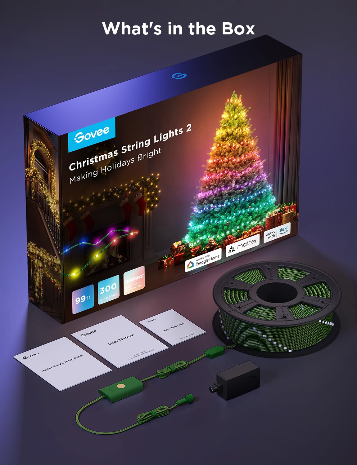 Govee Christmas Lights 2, RGBWIC 99FT 300LEDs Christmas Tree Lights with Shape Mapping Function, Smart Holiday String Lights for Christmas Decor, 130+ Preset Scenes, Voice and APP Control, Green Wire