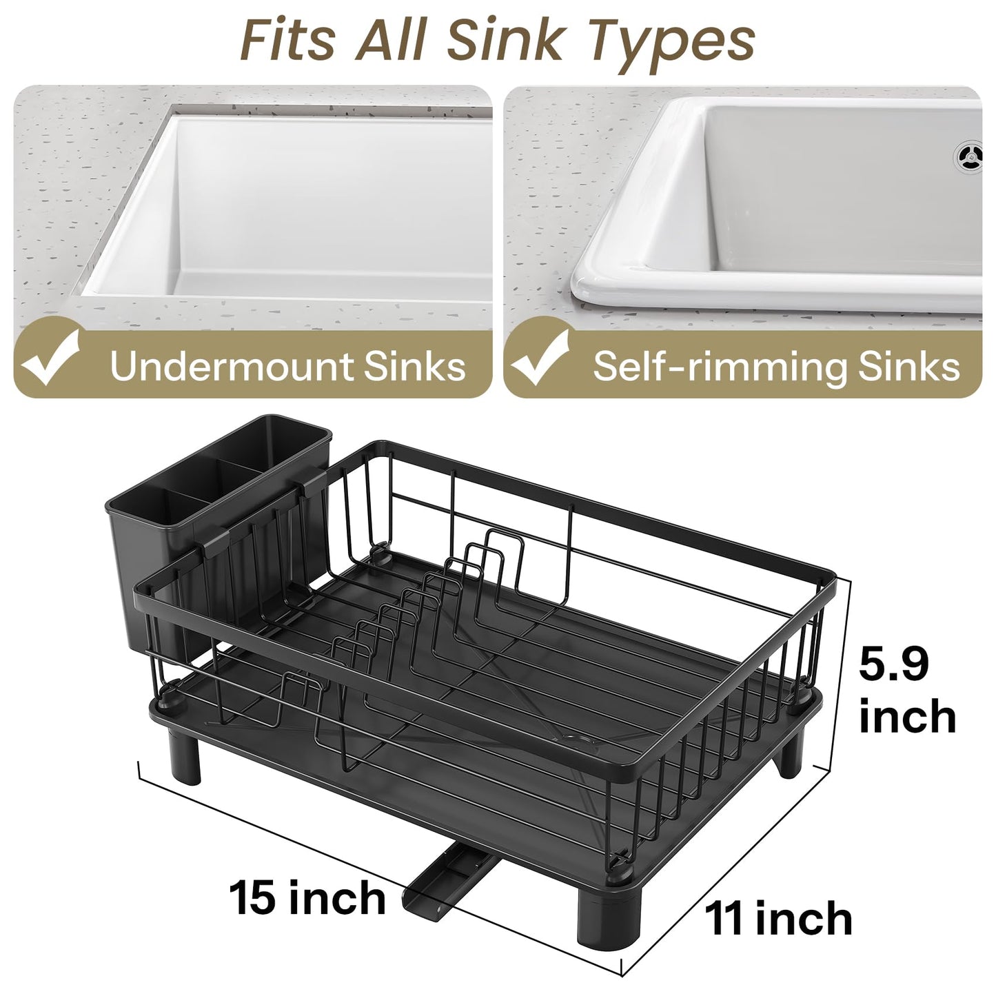 Dish Drying Rack - Small Dish Rack for Kitchen Counter, Stainless Steel Dish Drainer with Utensil Holder and Drainboard (Black)