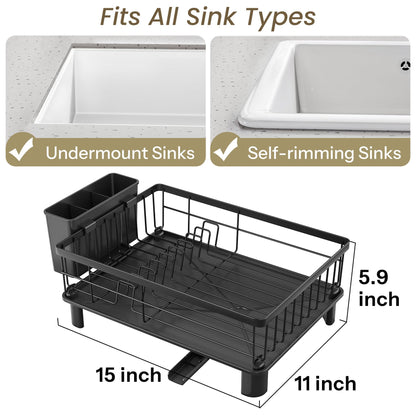 Dish Drying Rack - Small Dish Rack for Kitchen Counter, Stainless Steel Dish Drainer with Utensil Holder and Drainboard (Black)
