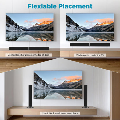 MZEIBO TV Sound Bar, 50W Bluetooth 5.0 Sound Bars for Smart TV, Surround Sound System with Powerful Bass, Home Theater Speakers with ARC/Optical/AUX, TV Speakers Soundbars with Split Design