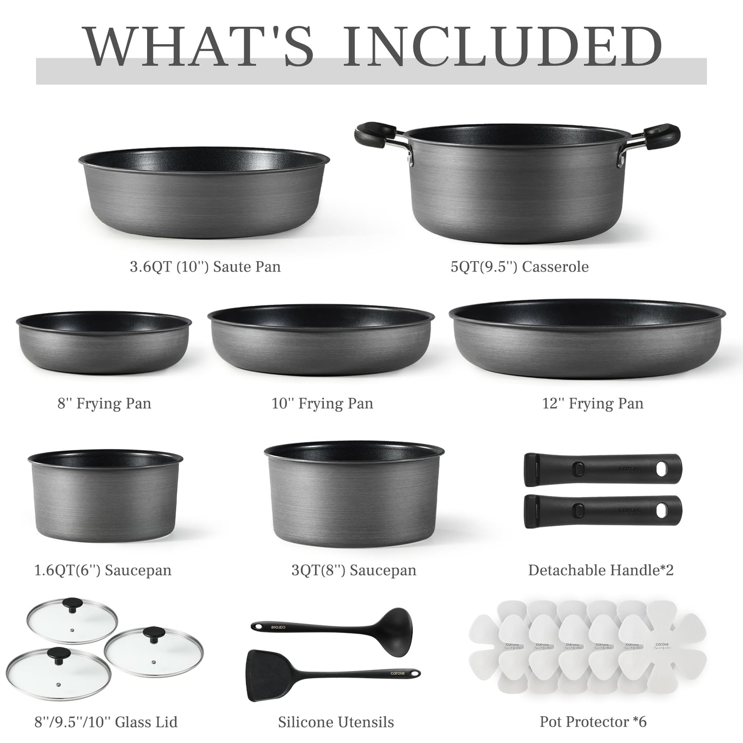 CAROTE 20pcs 4-Ply Premium Hard Anodized Pots and Pans Set Non Stick with Detachable Handle, Dishwasher/Oven Safe, RV Kitchen Cookware Set Nonstick, Induction Cookware, Large Capacity Pans and Pot Set