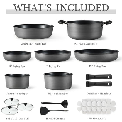 CAROTE 20pcs 4-Ply Premium Hard Anodized Pots and Pans Set Non Stick with Detachable Handle, Dishwasher/Oven Safe, RV Kitchen Cookware Set Nonstick, Induction Cookware, Large Capacity Pans and Pot Set